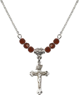 18" Rhodium Plated Necklace with 4mm Garnet Crystal Beads featuring a Sterling Silver Crucifix Medal.