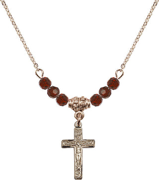 18" Hamilton Gold Plated Necklace with 4mm Garnet Crystal Beads featuring a 14kt Gold Filled Crucifix Medal.