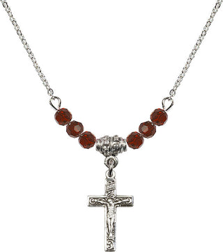 18" Rhodium Plated Necklace with 4mm Garnet Crystal Beads featuring a Sterling Silver Crucifix Medal.