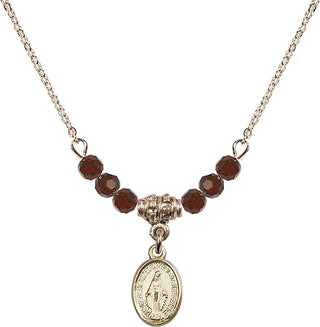 18" Hamilton Gold Plated Necklace with 4mm Garnet Crystal Beads featuring a 14kt Gold Filled Miraculous Medal.