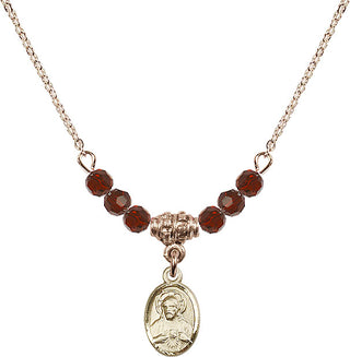 18" Hamilton Gold Plated Necklace with 4mm Garnet Crystal Beads featuring a 14kt Gold Filled Scapular Medal.