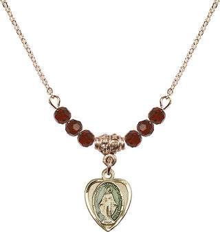 18" Hamilton Gold Plated Necklace with 4mm Garnet Crystal Beads featuring a 14kt Gold Filled Miraculous Medal.