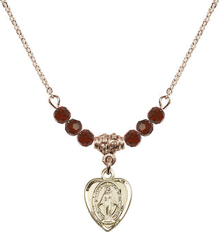 18" Hamilton Gold Plated Necklace with 4mm Garnet Crystal Beads featuring a 14kt Gold Filled Miraculous Medal.