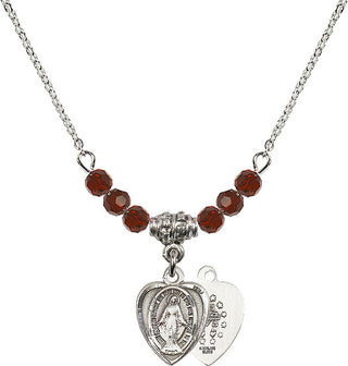 18" Rhodium Plated Necklace with 4mm Garnet Crystal Beads featuring a Sterling Silver Miraculous Medal.