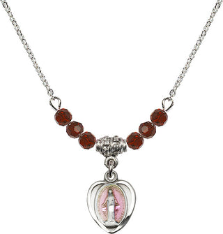 18" Rhodium Plated Necklace with 4mm Garnet Crystal Beads featuring a Sterling Silver Miraculous Medal.