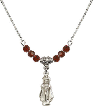 18" Rhodium Plated Necklace with 4mm Garnet Crystal Beads featuring a Sterling Silver Infant of Prague Medal.