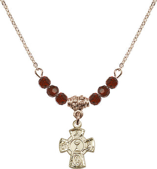 18" Hamilton Gold Plated Necklace with 4mm Garnet Crystal Beads featuring a 14kt Gold Filled 5-Way / Chalice Medal.