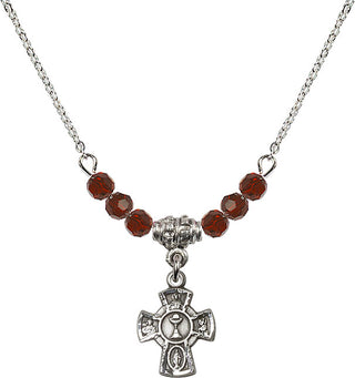 18" Rhodium Plated Necklace with 4mm Garnet Crystal Beads featuring a Sterling Silver 5-Way / Chalice Medal.