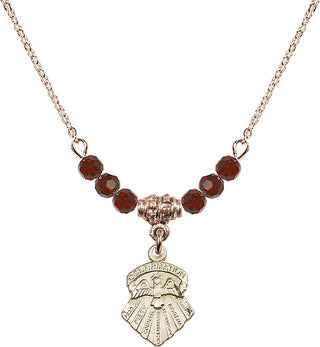 18" Hamilton Gold Plated Necklace with 4mm Garnet Crystal Beads featuring a 14kt Gold Filled Seven Gifts Medal.