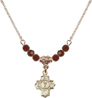 18" Hamilton Gold Plated Necklace with 4mm Garnet Crystal Beads featuring a 14kt Gold Filled Communion 5-Way Medal.