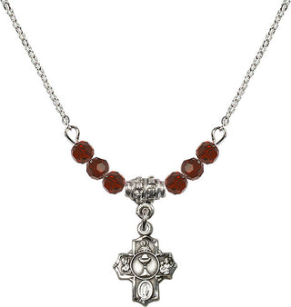 18" Rhodium Plated Necklace with 4mm Garnet Crystal Beads featuring a Sterling Silver Communion 5-Way Medal.