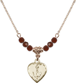 18" Hamilton Gold Plated Necklace with 4mm Garnet Crystal Beads featuring a 14kt Gold Filled Heart / Confirmation Medal.