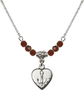 18" Rhodium Plated Necklace with 4mm Garnet Crystal Beads featuring a Sterling Silver Heart / Confirmation Medal.
