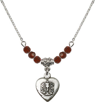 18" Rhodium Plated Necklace with 4mm Garnet Crystal Beads featuring a Sterling Silver Heart / Communion Medal.