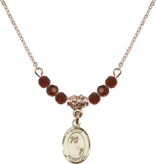18" Hamilton Gold Plated Necklace with 4mm Garnet Crystal Beads featuring a 14kt Gold Filled First Penance Medal.