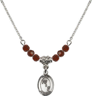 18" Rhodium Plated Necklace with 4mm Garnet Crystal Beads featuring a Sterling Silver First Penance Medal.