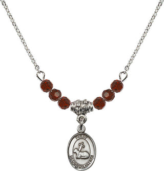 18" Rhodium Plated Necklace with 4mm Garnet Crystal Beads featuring a Sterling Silver First Reconciliation Medal.