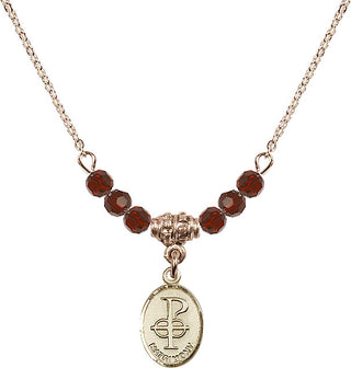 18" Hamilton Gold Plated Necklace with 4mm Garnet Crystal Beads featuring a 14kt Gold Filled Matrimony Medal.