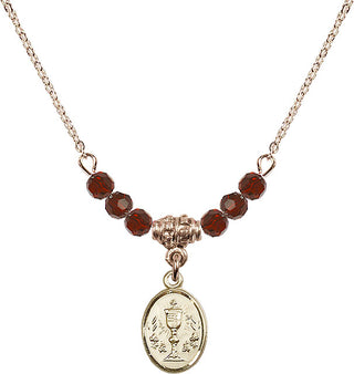 18" Hamilton Gold Plated Necklace with 4mm Garnet Crystal Beads featuring a 14kt Gold Filled Chalice Medal.