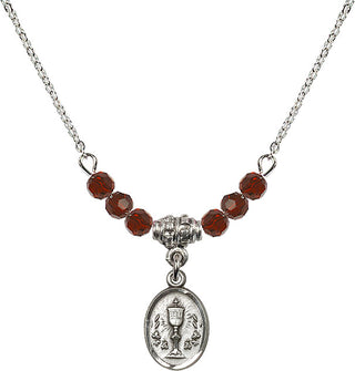 18" Rhodium Plated Necklace with 4mm Garnet Crystal Beads featuring a Sterling Silver Chalice Medal.