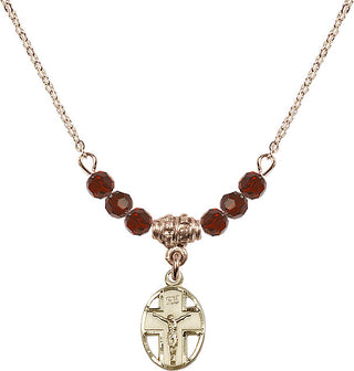 18" Hamilton Gold Plated Necklace with 4mm Garnet Crystal Beads featuring a 14kt Gold Filled Crucifix Medal.