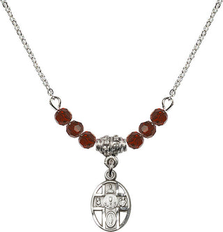 18" Rhodium Plated Necklace with 4mm Garnet Crystal Beads featuring a Sterling Silver 5-Way / Chalice Medal.