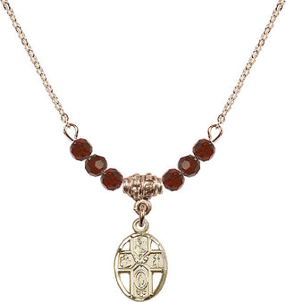 18" Hamilton Gold Plated Necklace with 4mm Garnet Crystal Beads featuring a 14kt Gold Filled 5-Way Medal.