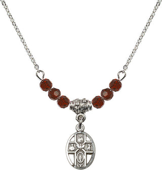 18" Rhodium Plated Necklace with 4mm Garnet Crystal Beads featuring a Sterling Silver 5-Way Medal.