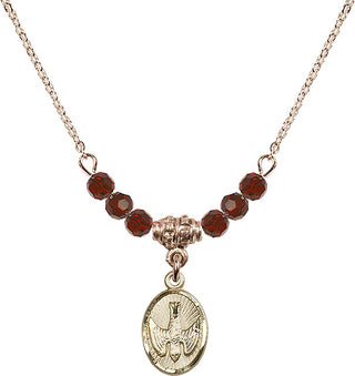 18" Hamilton Gold Plated Necklace with 4mm Garnet Crystal Beads featuring a 14kt Gold Filled Holy Spirit Medal.