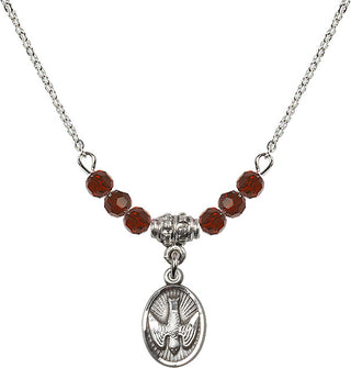 18" Rhodium Plated Necklace with 4mm Garnet Crystal Beads featuring a Sterling Silver Holy Spirit Medal.