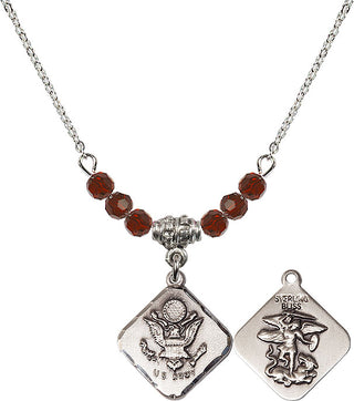 18" Rhodium Plated Necklace with 4mm Garnet Crystal Beads featuring a Sterling Silver Army Diamond Medal.