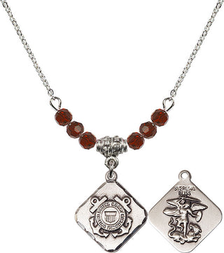 18" Rhodium Plated Necklace with 4mm Garnet Crystal Beads featuring a Sterling Silver Coast Guard Diamond Medal.
