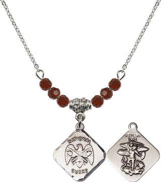 18" Rhodium Plated Necklace with 4mm Garnet Crystal Beads featuring a Sterling Silver Nat'l Guard Diamond Medal.
