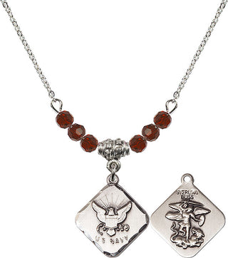 18" Rhodium Plated Necklace with 4mm Garnet Crystal Beads featuring a Sterling Silver Navy Diamond Medal.