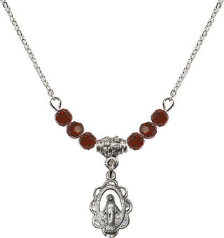 18" Rhodium Plated Necklace with 4mm Garnet Crystal Beads featuring a Sterling Silver Miraculous Medal.
