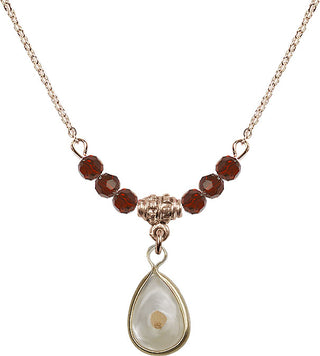 18" Hamilton Gold Plated Necklace with 4mm Garnet Crystal Beads featuring a 14kt Gold Filled Mustard Seed Medal.