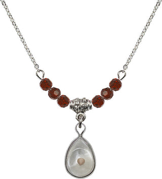 18" Rhodium Plated Necklace with 4mm Garnet Crystal Beads featuring a Sterling Silver Mustard Seed Medal.
