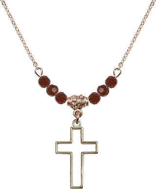 18" Hamilton Gold Plated Necklace with 4mm Garnet Crystal Beads featuring a 14kt Gold Filled Cross Medal.