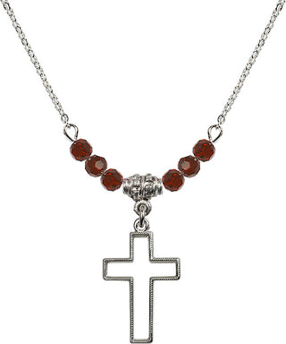 18" Rhodium Plated Necklace with 4mm Garnet Crystal Beads featuring a Sterling Silver Cross Medal.