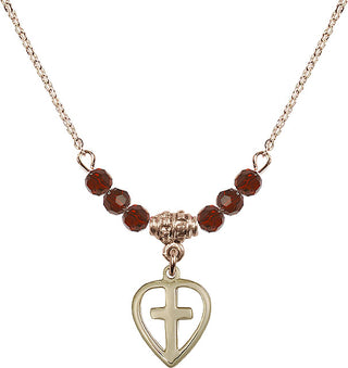 18" Hamilton Gold Plated Necklace with 4mm Garnet Crystal Beads featuring a 14kt Gold Filled Heart / Cross Medal.