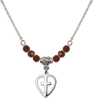 18" Rhodium Plated Necklace with 4mm Garnet Crystal Beads featuring a Sterling Silver Heart / Cross Medal.