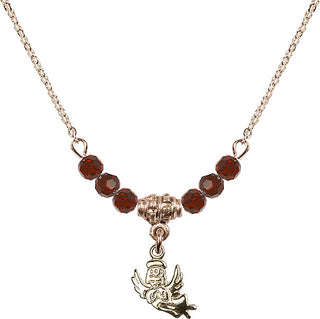 18" Hamilton Gold Plated Necklace with 4mm Garnet Crystal Beads featuring a 14kt Gold Filled Guardian Angel Medal.