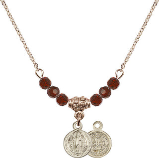 18" Hamilton Gold Plated Necklace with 4mm Garnet Crystal Beads featuring a 14kt Gold Filled Saint Benedict Medal.