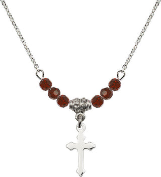 18" Rhodium Plated Necklace with 4mm Garnet Crystal Beads featuring a Sterling Silver Cross Medal.