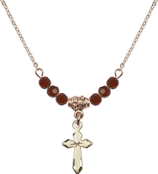 18" Hamilton Gold Plated Necklace with 4mm Garnet Crystal Beads featuring a 14kt Gold Filled Cross Medal.