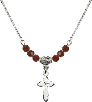 18" Rhodium Plated Necklace with 4mm Garnet Crystal Beads featuring a Sterling Silver Cross Medal.