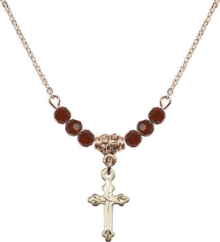 18" Hamilton Gold Plated Necklace with 4mm Garnet Crystal Beads featuring a 14kt Gold Filled Cross Medal.