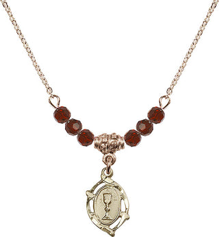 18" Hamilton Gold Plated Necklace with 4mm Garnet Crystal Beads featuring a 14kt Gold Filled Communion Medal.
