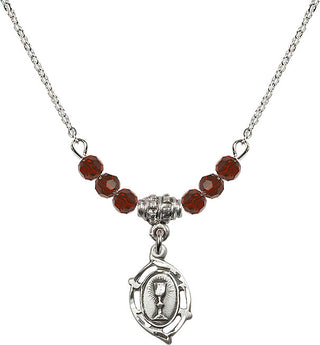 18" Rhodium Plated Necklace with 4mm Garnet Crystal Beads featuring a Sterling Silver Communion Medal.