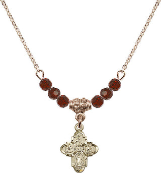 18" Hamilton Gold Plated Necklace with 4mm Garnet Crystal Beads featuring a 14kt Gold Filled 4-Way Medal.